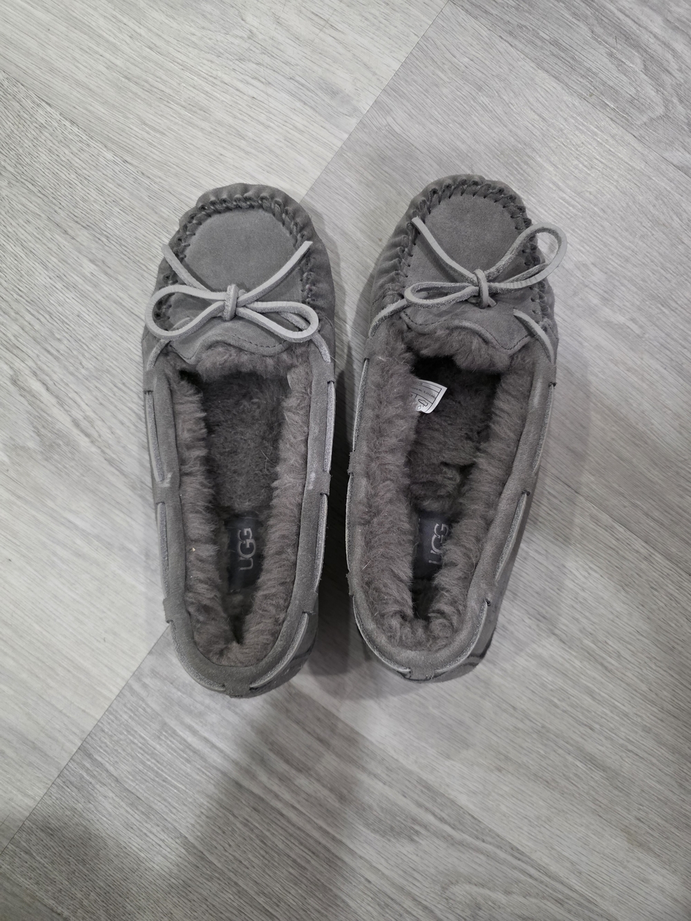 UGG Women's Grey Suede Moccasin Slippers with Bow